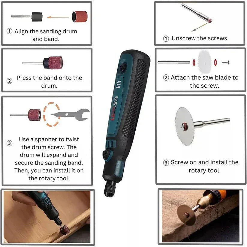 Instructions for assembling a rotary tool with images and text.