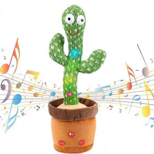 Plush cactus toy with music notes on a white background