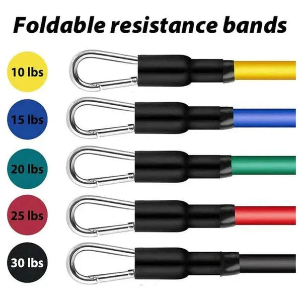 Set of foldable resistance bands with color-coded labels for weight levels.