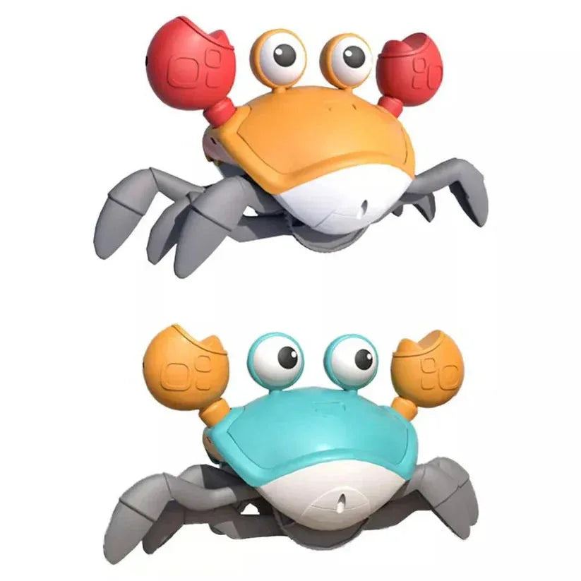 Two colorful crab-shaped toys on a white background