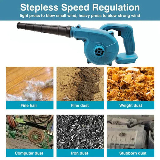 Blue handheld blower with stepless speed regulation feature and examples of dust types it can handle.