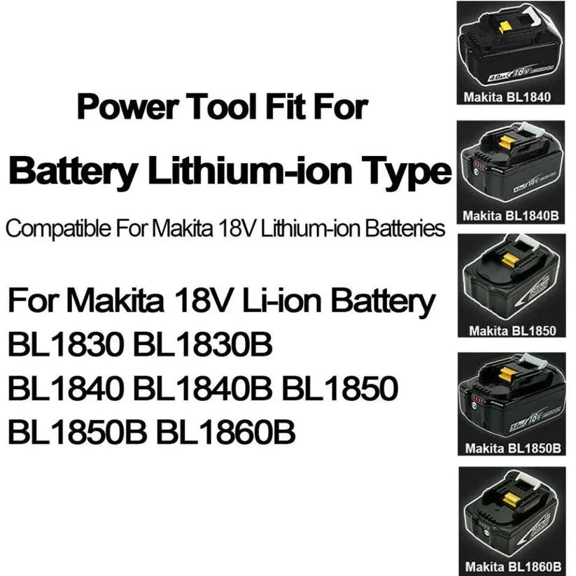 Compatibility chart for Makita 18V lithium-ion batteries on a white background