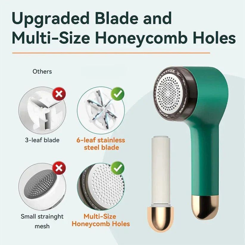 Green and gold hair dryer with upgraded blade and multi-size honeycomb holes on a light blue background.