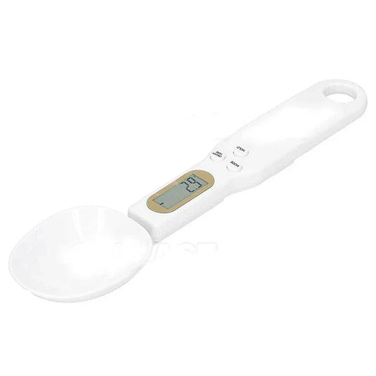 White digital kitchen scale with a digital display on a white background