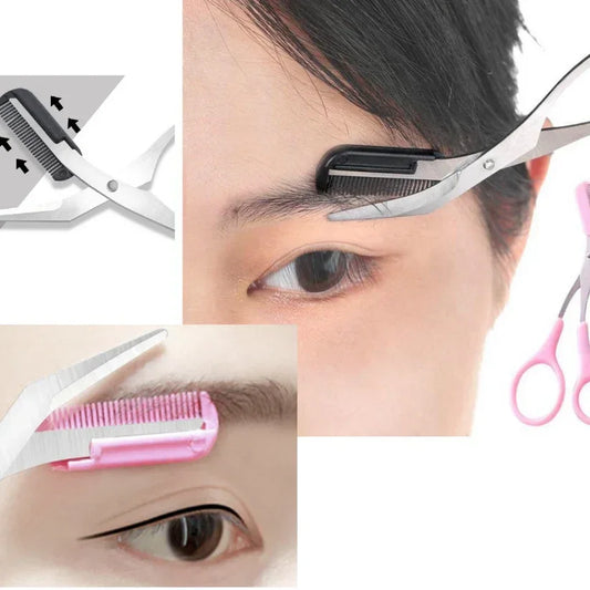 Eyebrow grooming tools including scissors and a comb on a white background