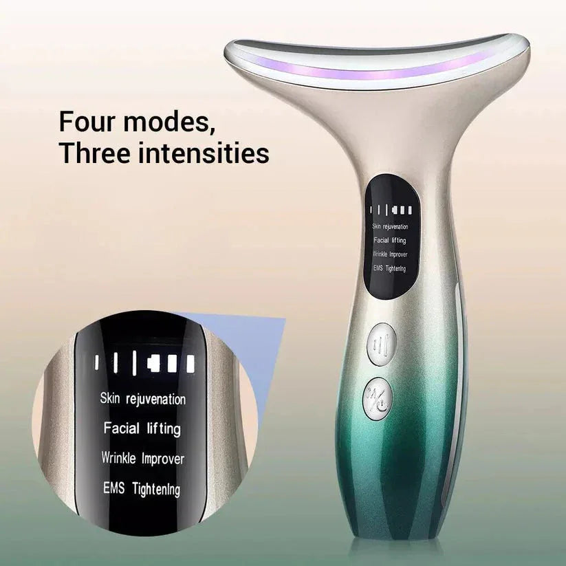 Skin care device with control panel and text indicating modes and intensities on a gradient background.