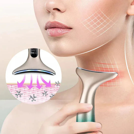 Person using a skincare device on their neck with close-up details