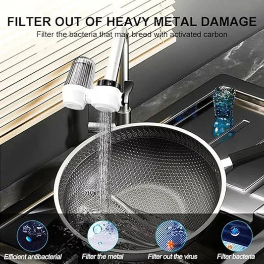 Filtration system for kitchen sink with activated carbon filter and text about filtering bacteria, viruses, and heavy metals.