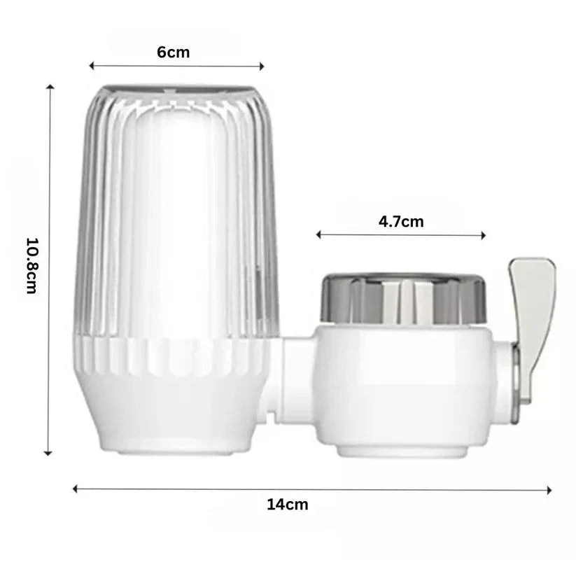 Measurement chart of a white and silver kitchen faucet attachment with dimensions labeled.