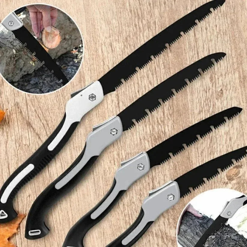 Set of folding garden saws on a wooden surface with close-up insets showing their use.