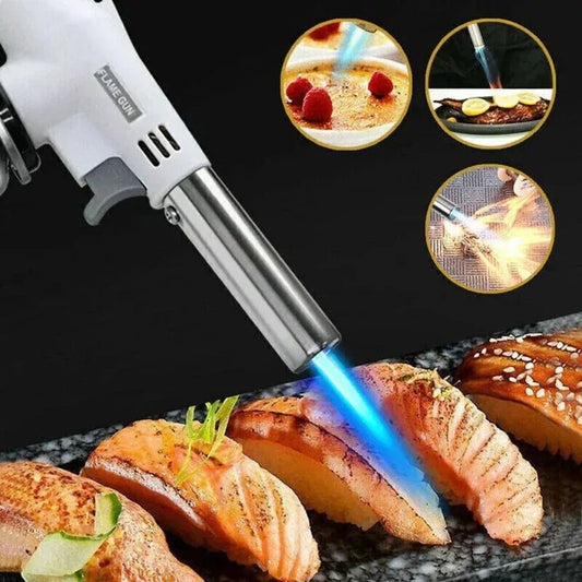 Butane gas torch being used to cook salmon with close-up insets of flame application.