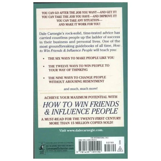 Back cover of a book titled 'How to Win Friends & Influence People' with text and a barcode.