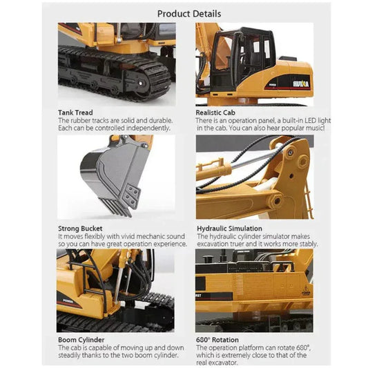 Product details of a toy excavator with features like tank tread, realistic cab, strong bucket, hydraulic simulation, boom cylinder, and 360-degree rotation.