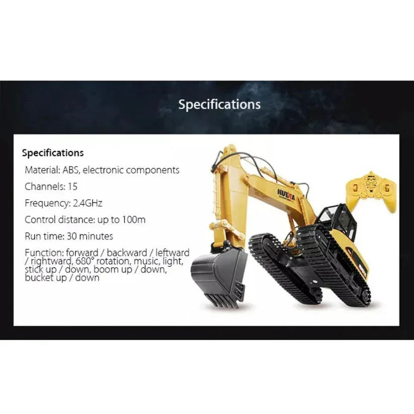 Toy excavator with specifications on a dark background