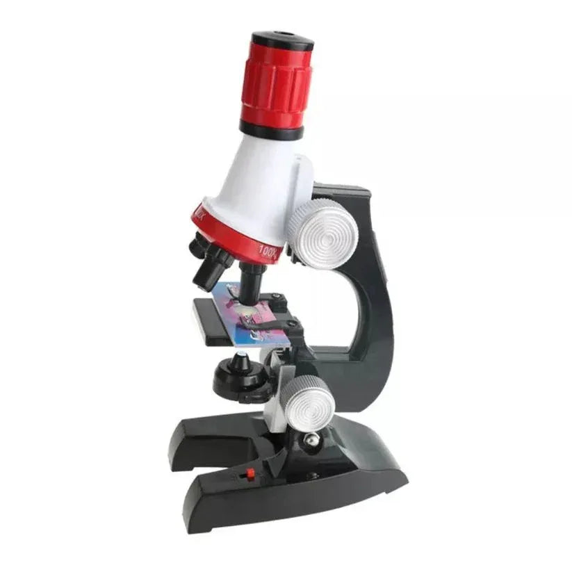 Microscope with red and black accents on a white background