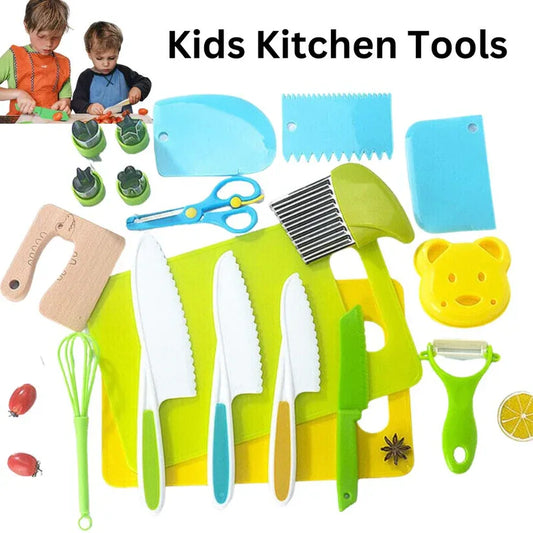 Collection of colorful kitchen tools for children on a white background with 'Kids Kitchen Tools' text.