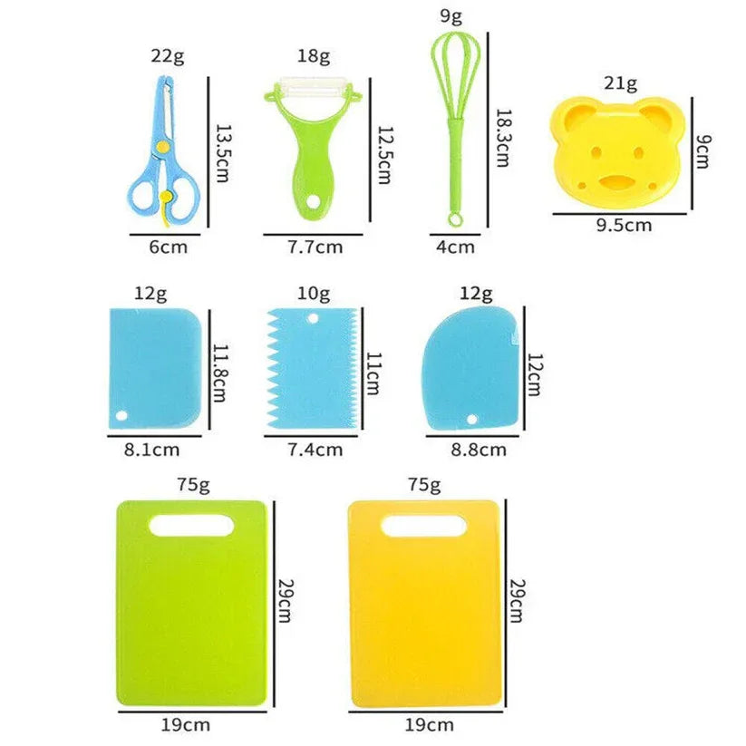 Measurement chart of various kitchen utensils including scissors, peeler, whisk, and cutting boards.