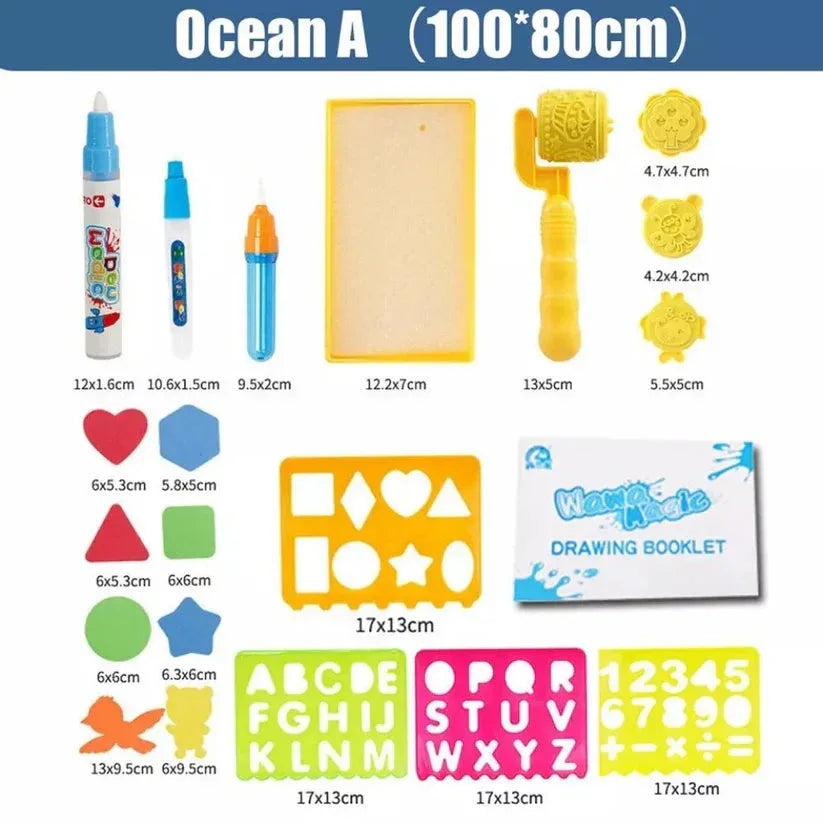 Set of children's art supplies including markers, a wooden board, and stencils with measurements on a white background.