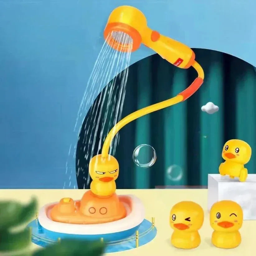 Toy shower head with water spraying, surrounded by small yellow rubber ducks on a blue background