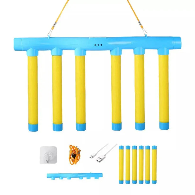Blue and yellow foam roller set with accessories on a white background