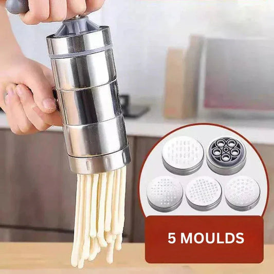 Pasta maker with five different pasta shapes on a kitchen counter