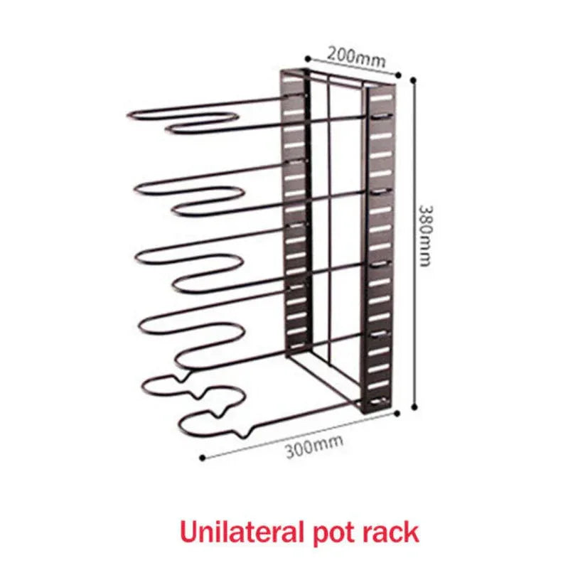 Unilateral pot rack with dimensions on a white background