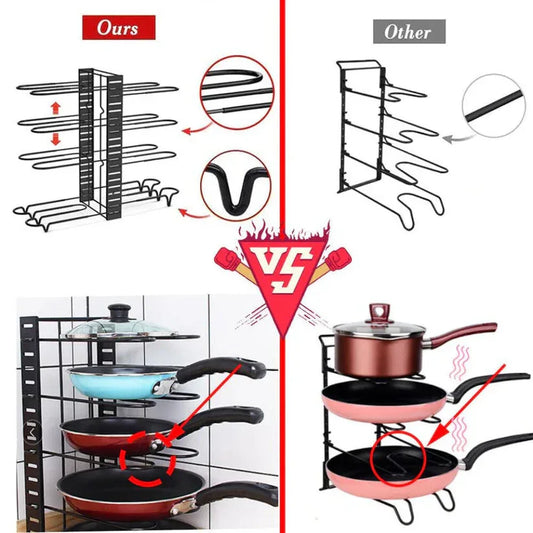 Comparison of two kitchen rack designs with labeled features and 'VS' logo.