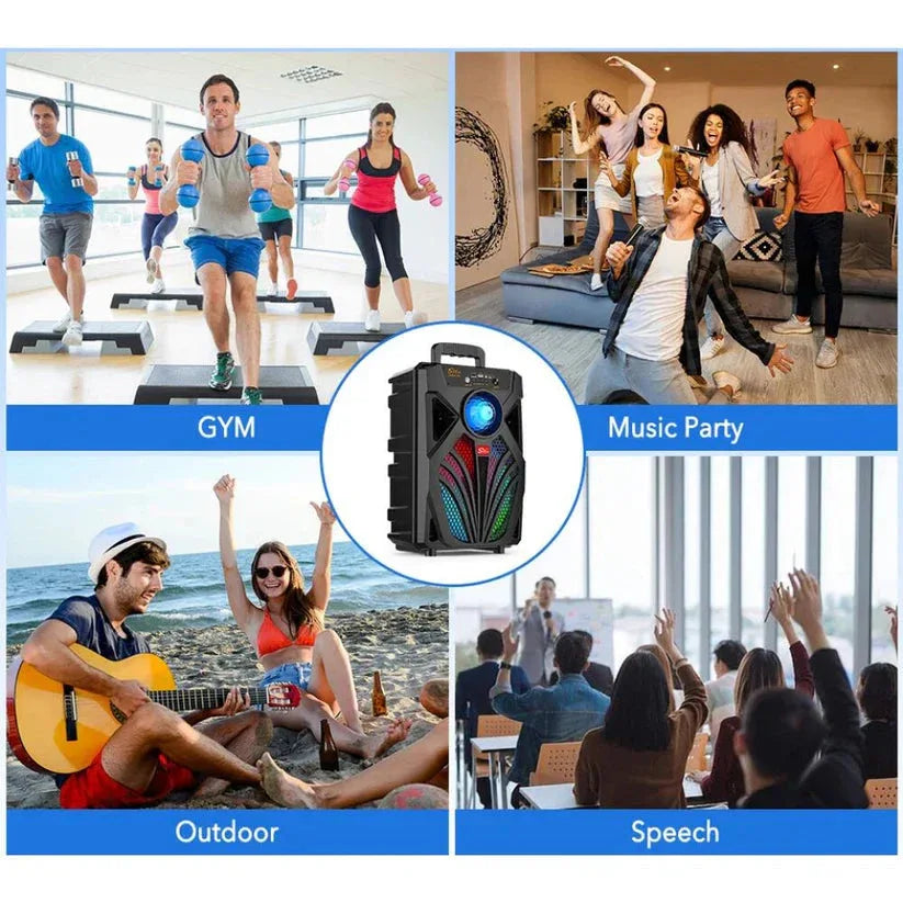 Multifunctional speaker used in various settings including gym, music party, outdoor, and speech.