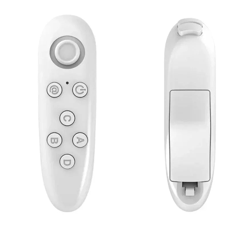 White remote control with buttons and a separate receiver on a white background