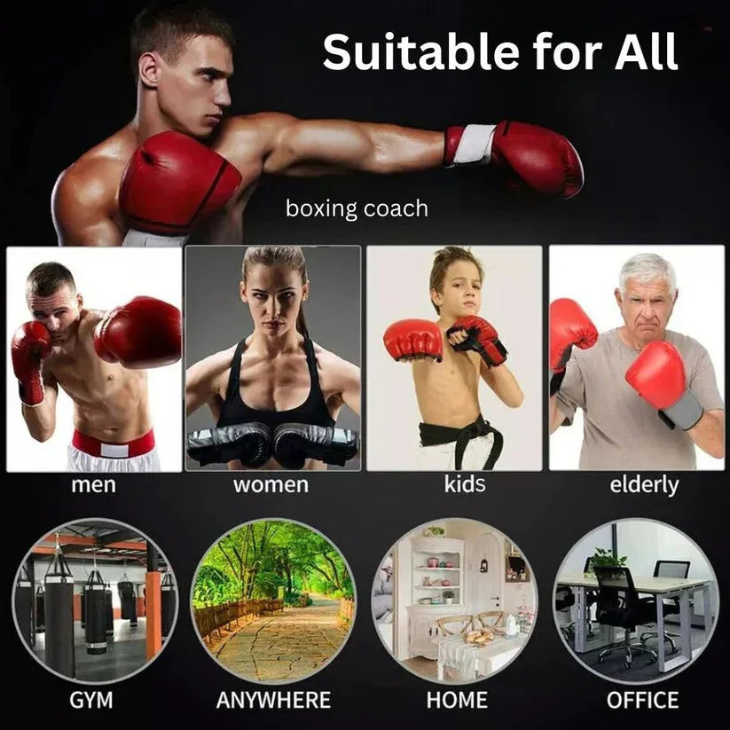 Promotional graphic for boxing coach services suitable for all demographics with images of a man, woman, child, and elderly person wearing boxing gloves.
