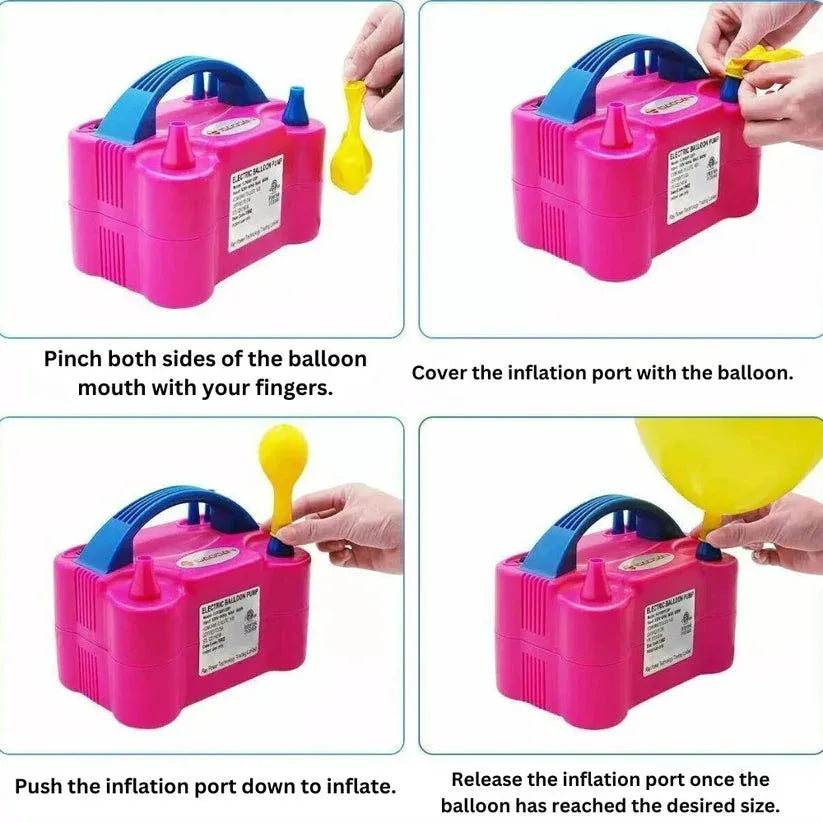 Instructions for inflating a balloon using a pink and blue pump.