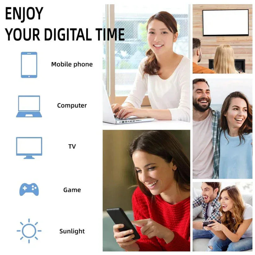 Collage of people using various digital devices with text 'Enjoy Your Digital Time' and icons for mobile phone, computer, TV, game, and sunlight.