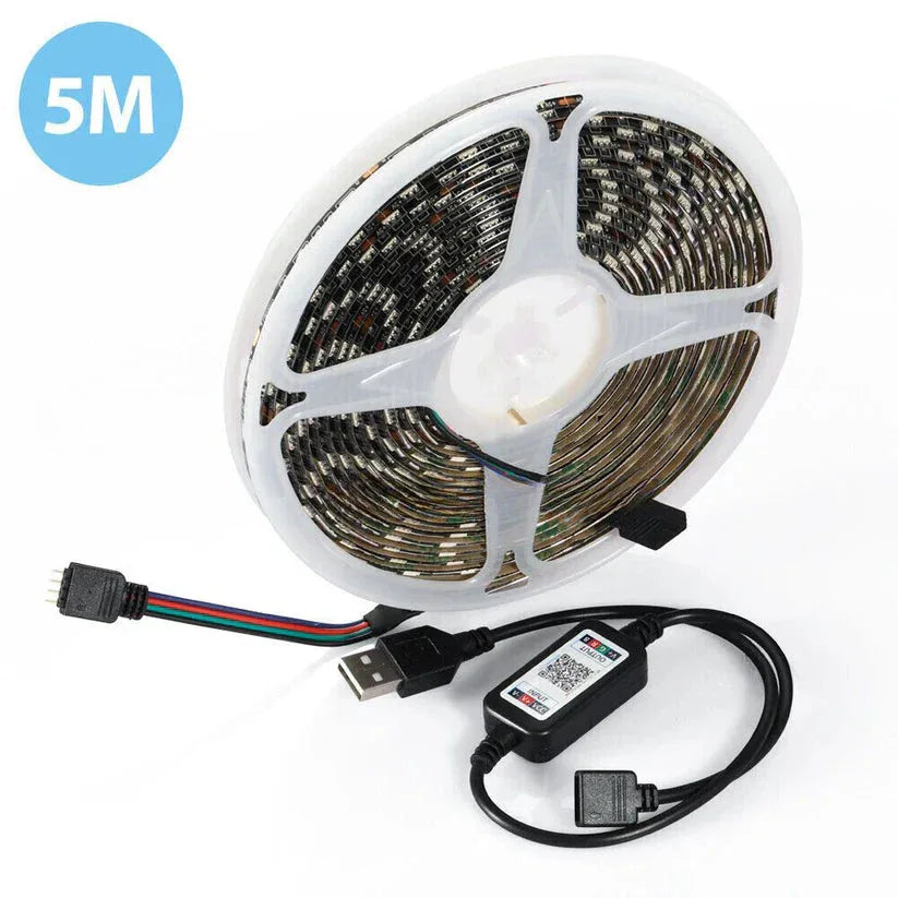 LED strip light with USB adapter and control on a white background