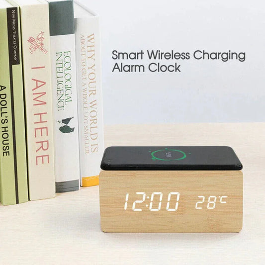 Smart wireless charging alarm clock with digital display on a white surface