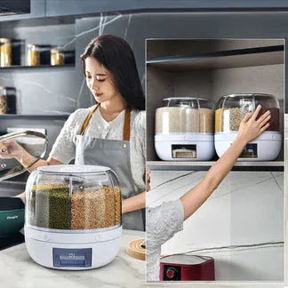Woman using a kitchen appliance with a close-up of the appliance in the corner.