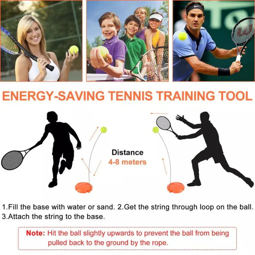 Advertisement for an energy-saving tennis training tool with images of people playing tennis and instructions on how to use it.