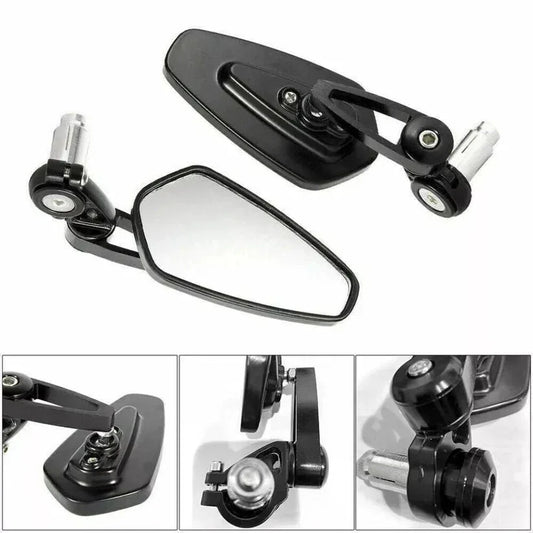 Motorcycle mirrors with black frames and clear lenses on a white background