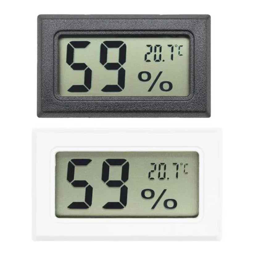 Digital thermometer and humidity meter with two different color options on a white background.