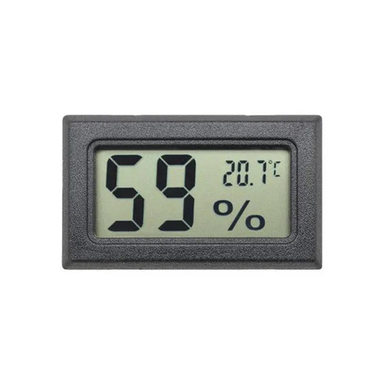 Digital thermometer and humidity meter with black casing on a white background