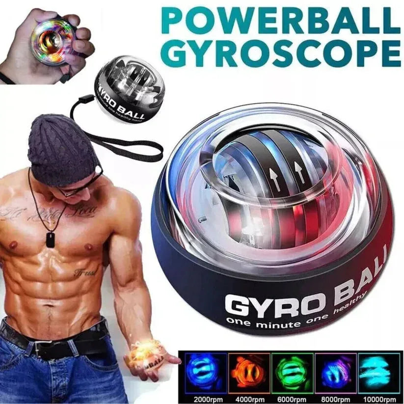 GYRO BALL powerball gyroscope with colorful LED lights and a muscular man using it.