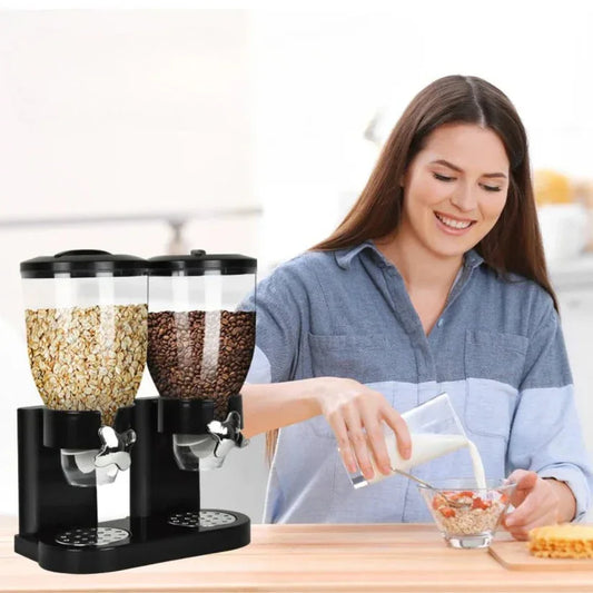 Woman pouring milk into a bowl of cereal next to a breakfast cereal dispenser.