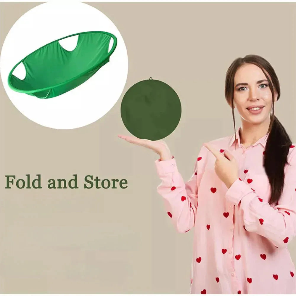 Woman holding a green round object with an inset showing it folded, on a beige background.