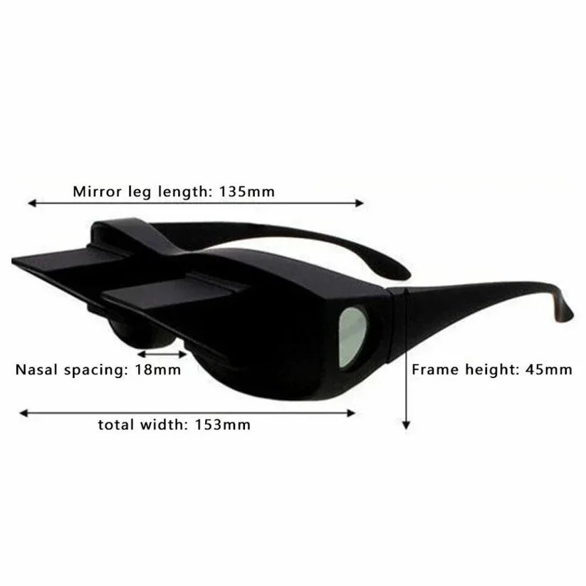 Black 3D glasses with measurements on a white background