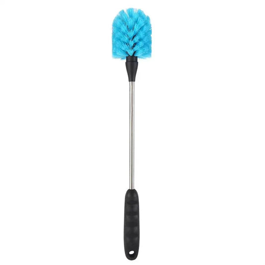 Cleaning brush with blue bristle head and black handle on a white background