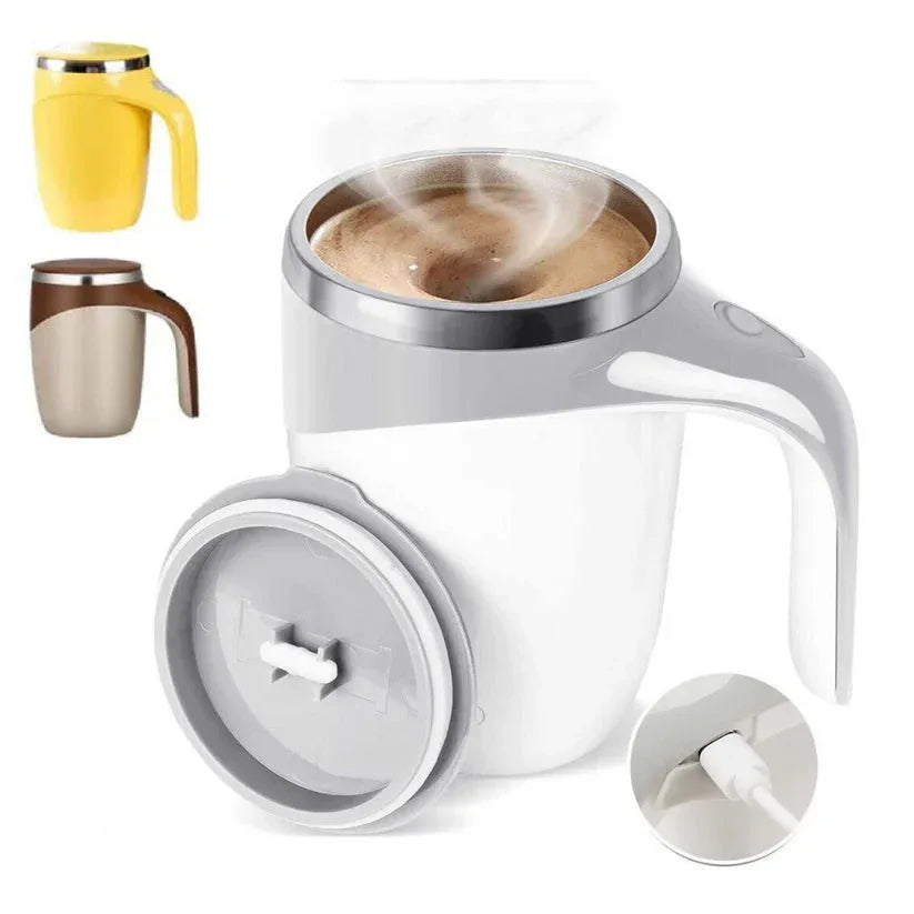 White travel mug with handle and detachable lid on a white background