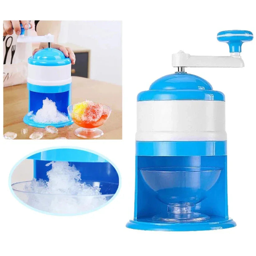 Blue and white manual ice crusher with a bowl for collecting ice cubes, used to make shaved ice.
