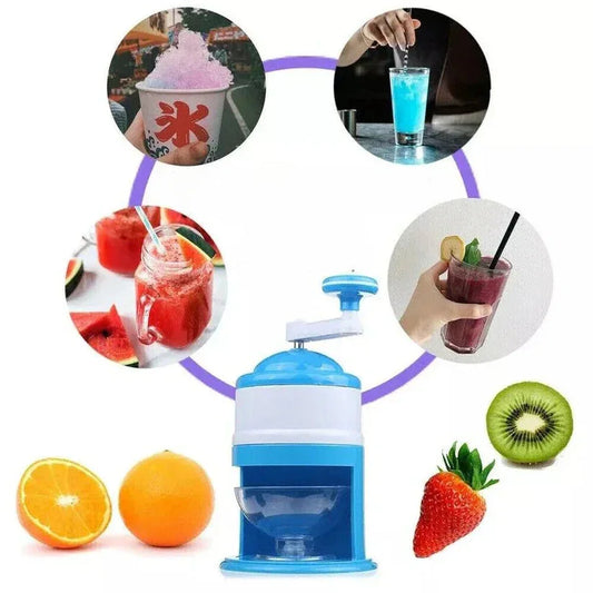 Blue and white manual juicer with fruits and drinks on a white background