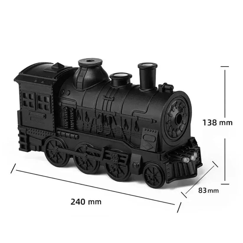 Black toy train with dimensions indicated on a white background