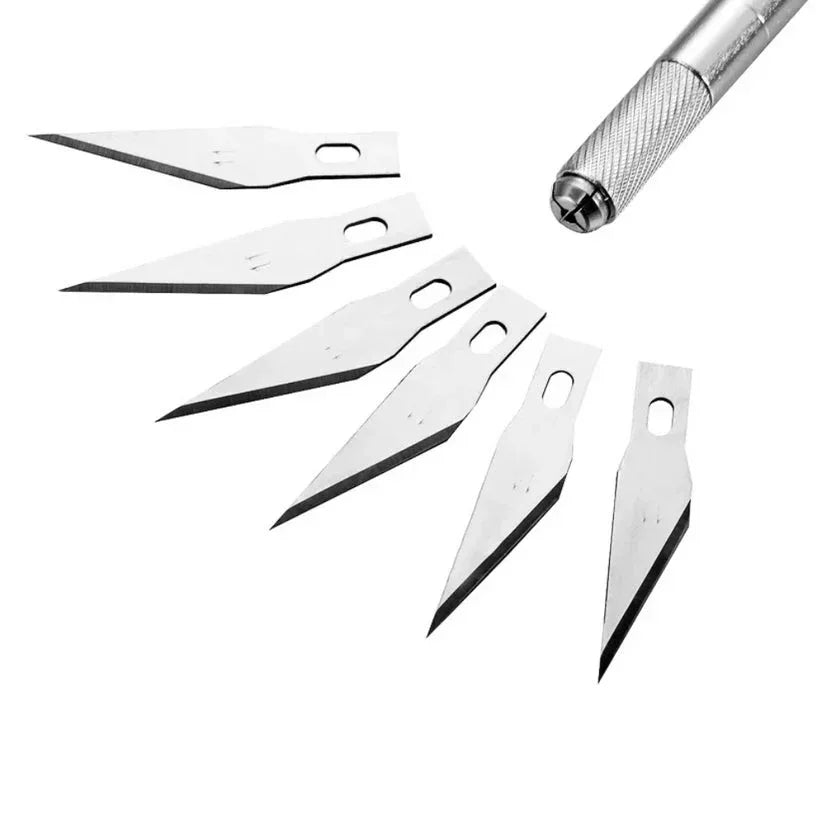 Set of metal blades with a tool on a white background