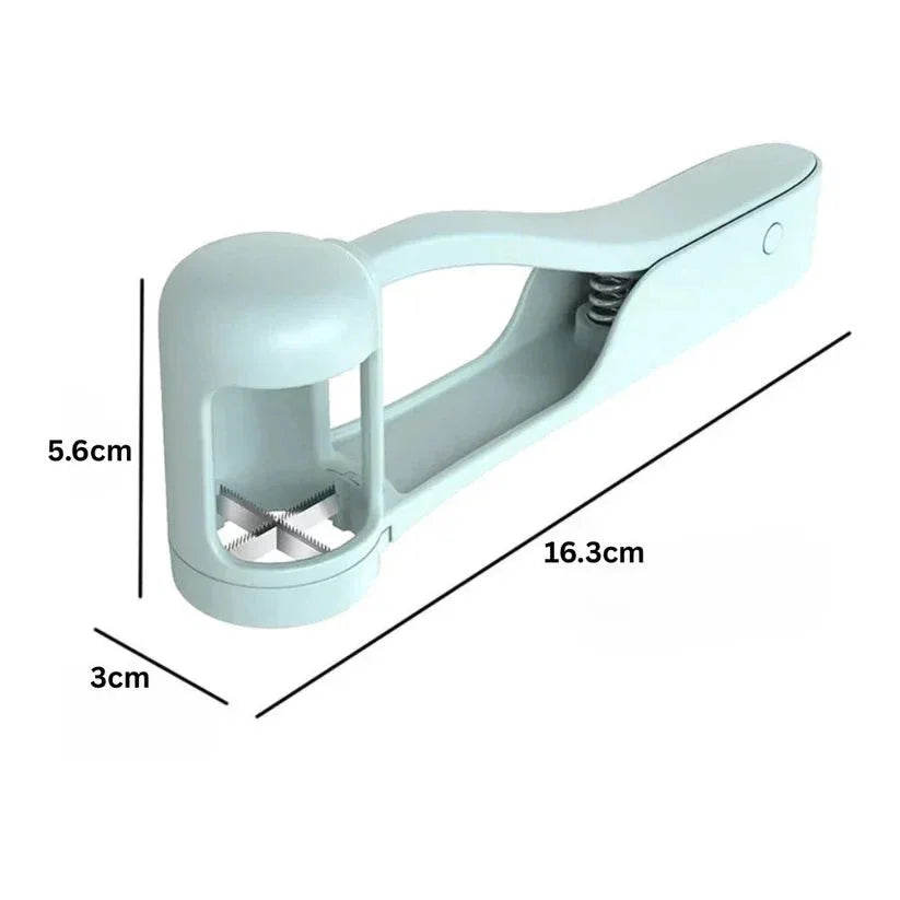 Light blue kitchen tool with dimensions labeled on a white background